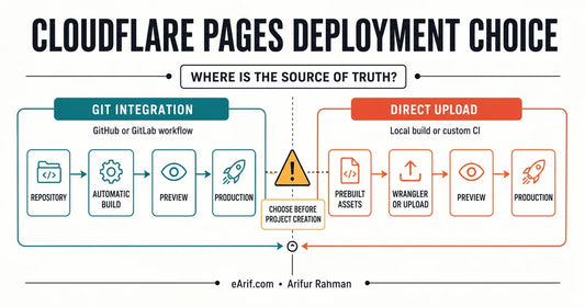 Cloudflare Pages deployment decision map comparing Git integration and Direct Upload from source of truth through preview and production