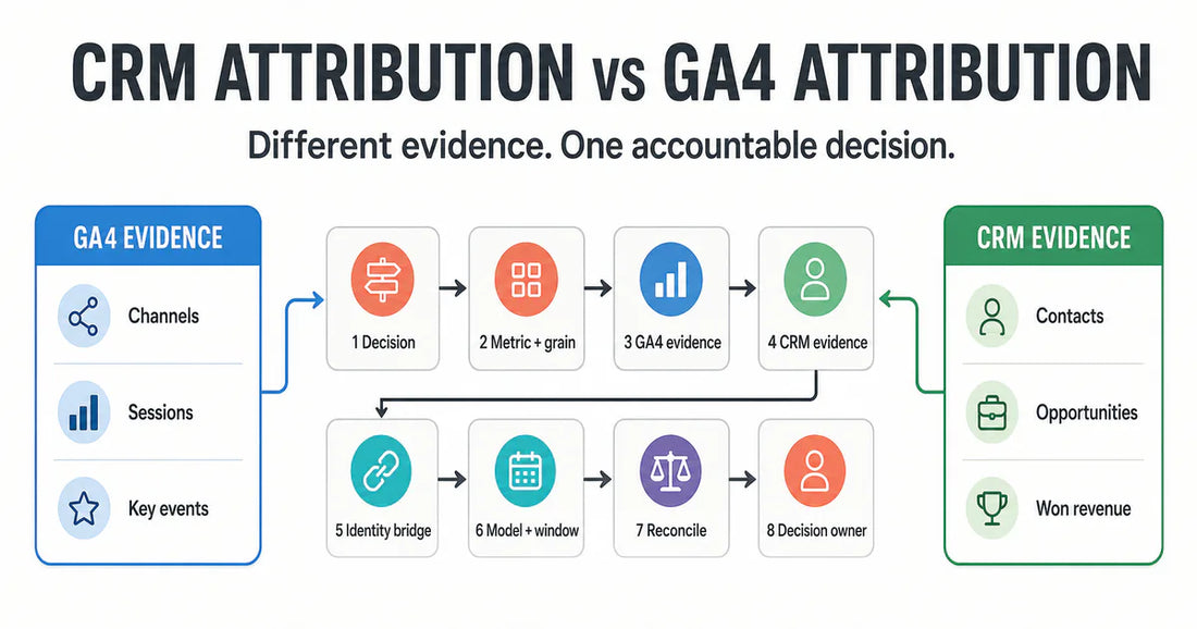 Comparison workflow showing GA4 channels, sessions, and key events alongside CRM contacts, opportunities, and won revenue joined through an eight-stage attribution decision contract
