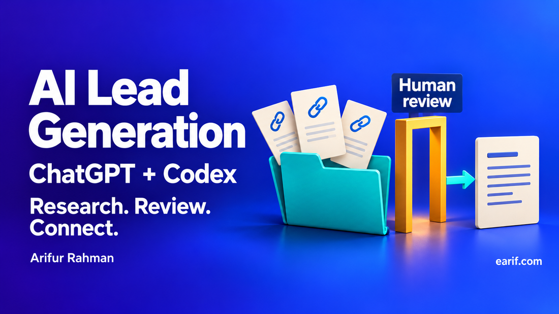 Conceptual ChatGPT and Codex lead workflow connecting preparation, source research, a reviewed queue, CRM handoff and follow-up.