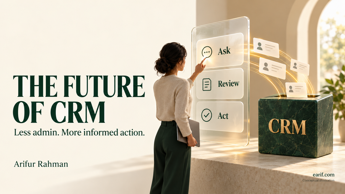 The Future of CRM: less administration and more informed action. Conceptual illustration.