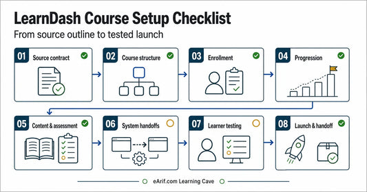 Eight-stage LearnDash course setup workflow from outcomes and course structure through enrollment, progression, learning content, integrations, testing, and launch handoff