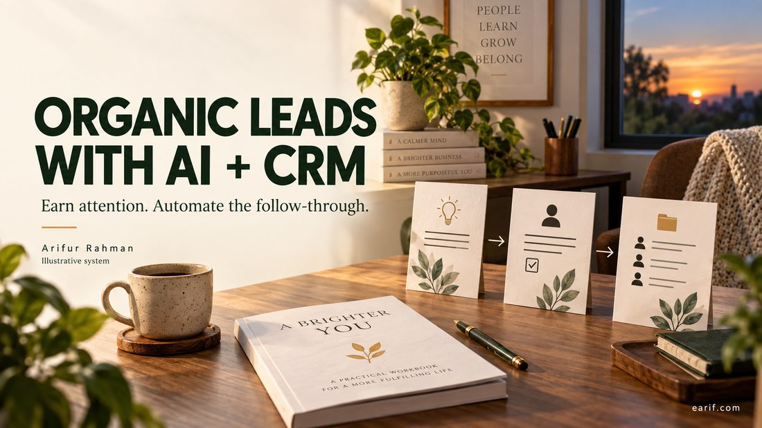 Organic leads with AI and CRM: earn attention and automate follow-through. Illustrative system.