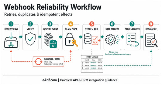 Eight-stage repeat-safe webhook processing workflow from raw request verification through event identity, atomic claim, durable queue, idempotent effects, ordering, recovery, and monitoring