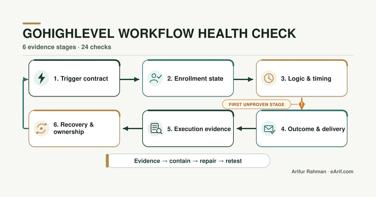 GoHighLevel workflow health check map showing trigger, enrollment, logic, outcome, evidence, and recovery stages