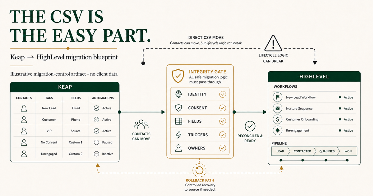 Illustrative Keap-to-HighLevel migration-control blueprint showing source records, integrity checks, target workflows, and a rollback path; no client data