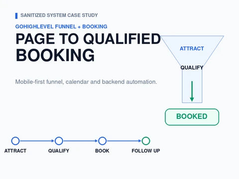 Illustrative GoHighLevel funnel showing page, qualification, booking and follow-up.