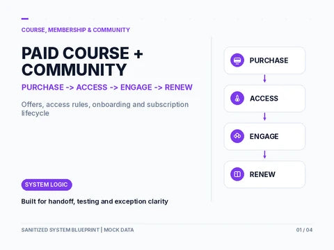 Illustrative course and community journey from purchase to access, engagement and renewal.