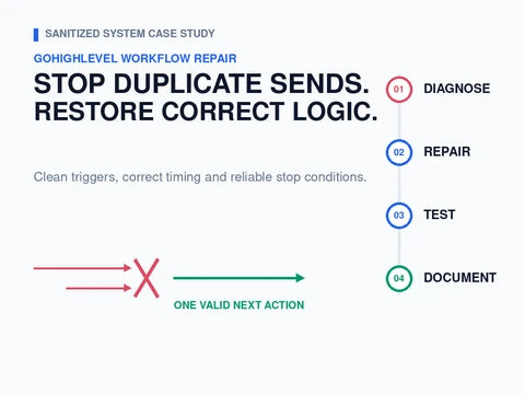 Illustrative GoHighLevel workflow repair process: diagnose, repair, test and document.