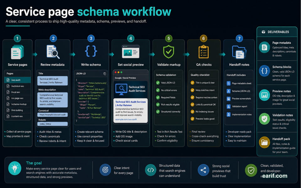 Technical SEO And Schema Pack For Service Pages process map visual for eArif.com