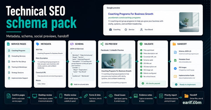 Technical SEO And Schema Pack For Service Pages page flow/map for eArif.com