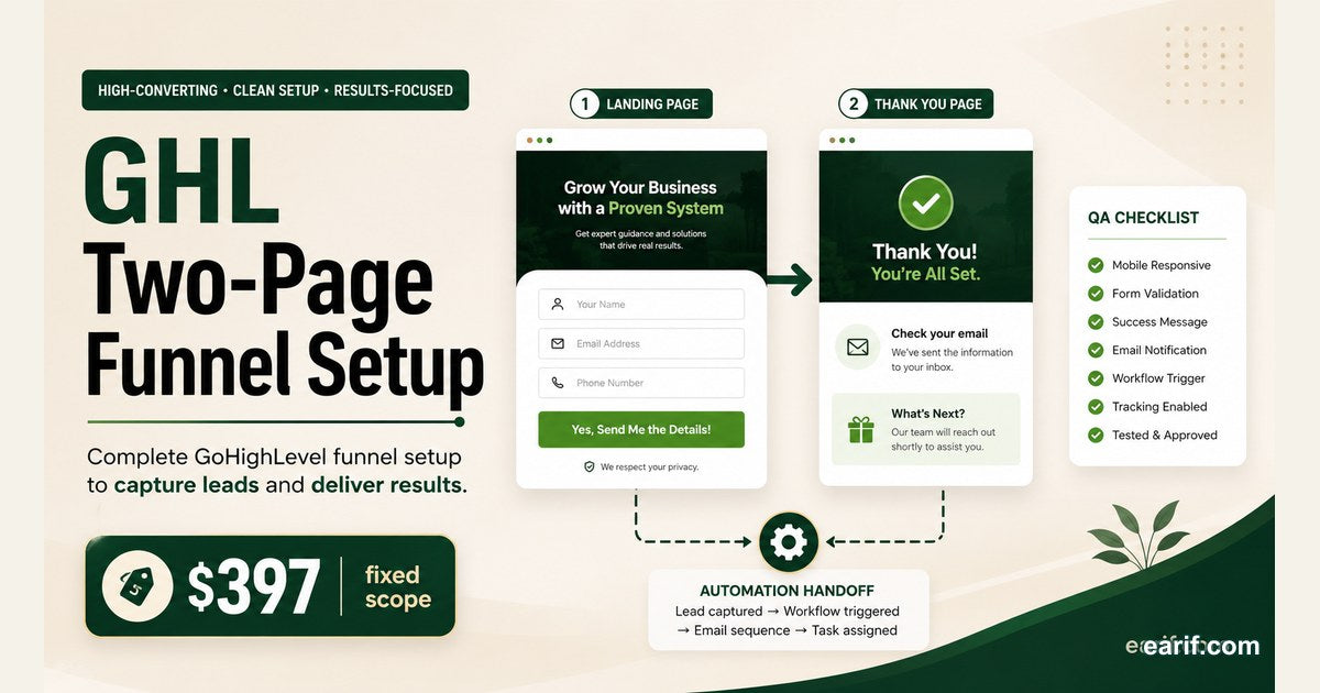 GoHighLevel Two-Page Funnel Setup two-page funnel flow map for eArif.com