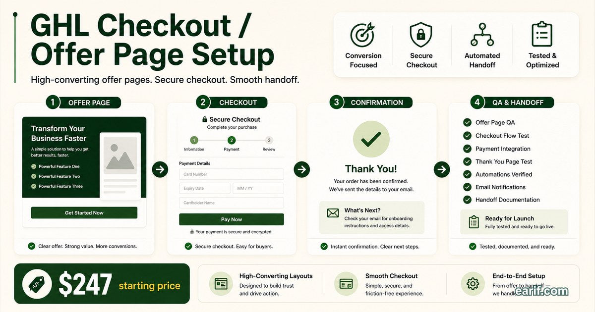 GoHighLevel Checkout Or Offer Page Setup offer checkout map for eArif.com