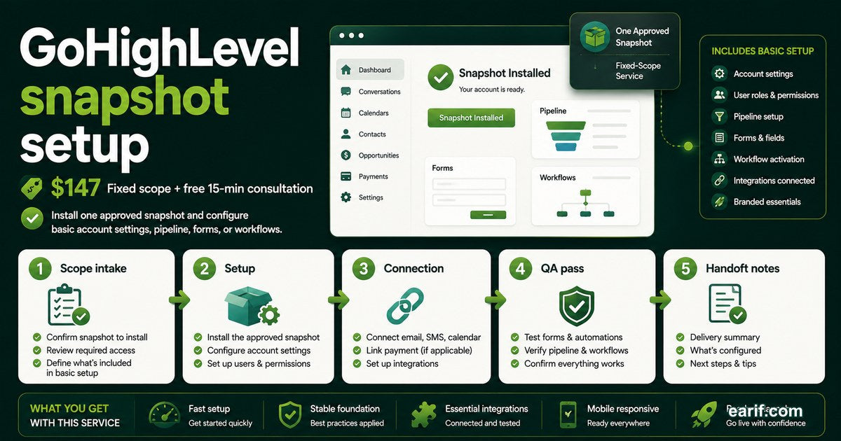 GoHighLevel Snapshot Install And Basic Configuration service preview image for eArif.com