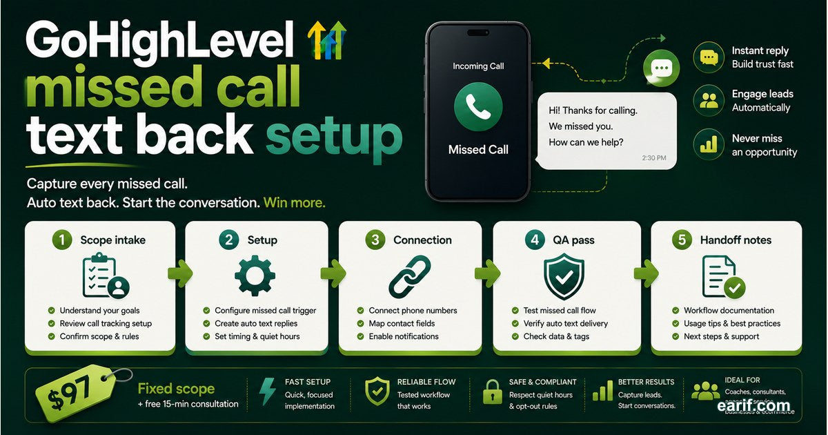 GoHighLevel Missed Call Text Back Workflow Setup service preview image for eArif.com