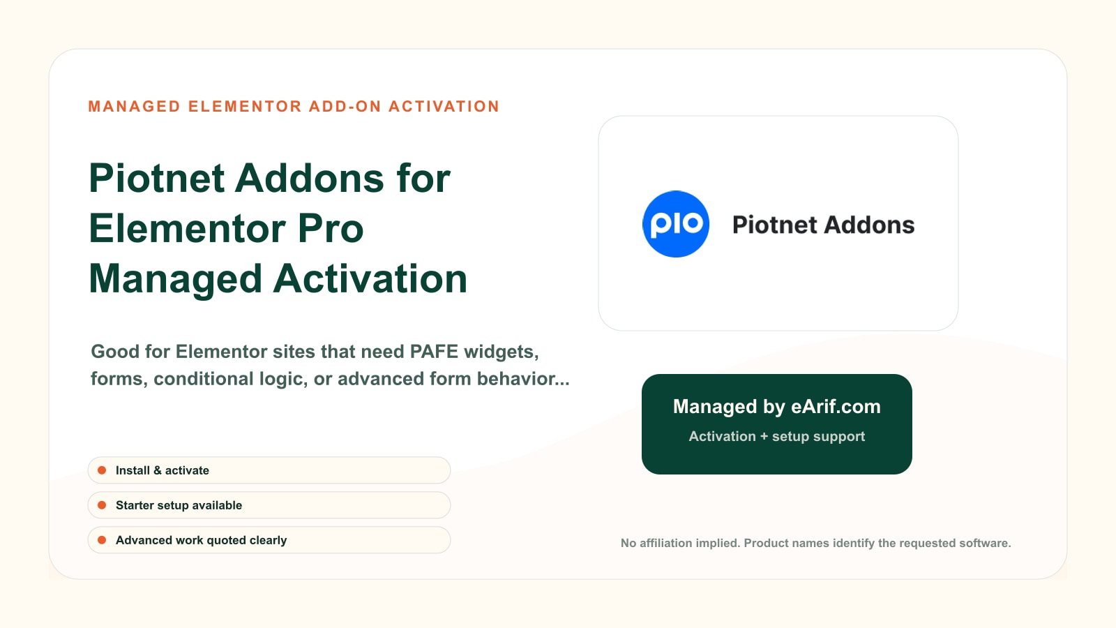 Piotnet Addons for Elementor Pro Managed Activation product page image by eArif.com